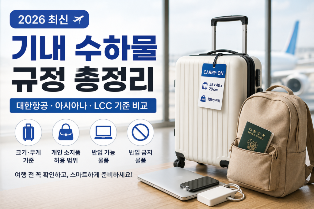 2026년 최신 기내 수하물 규정과 대한항공, 아시아나항공, LCC의 기내 반입 기준을 안내하는 대표 이미지