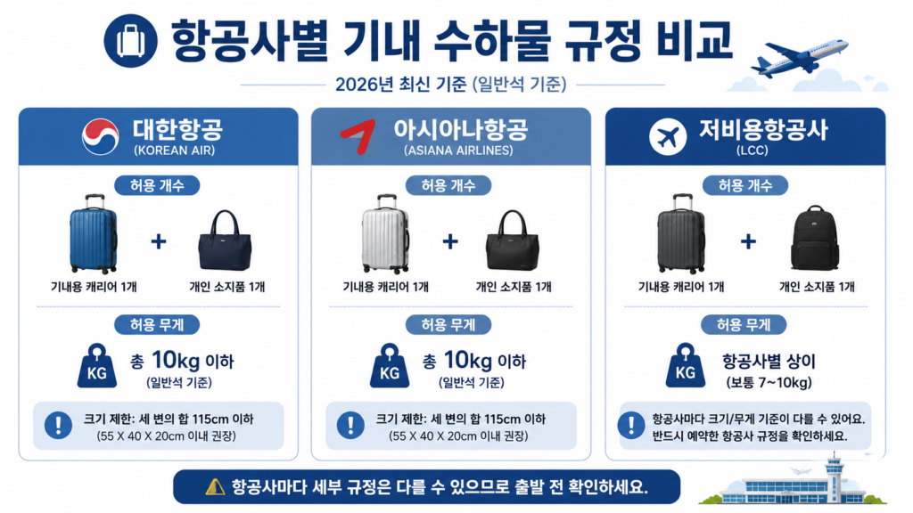 대한항공 아시아나 기내 수하물 규정 비교