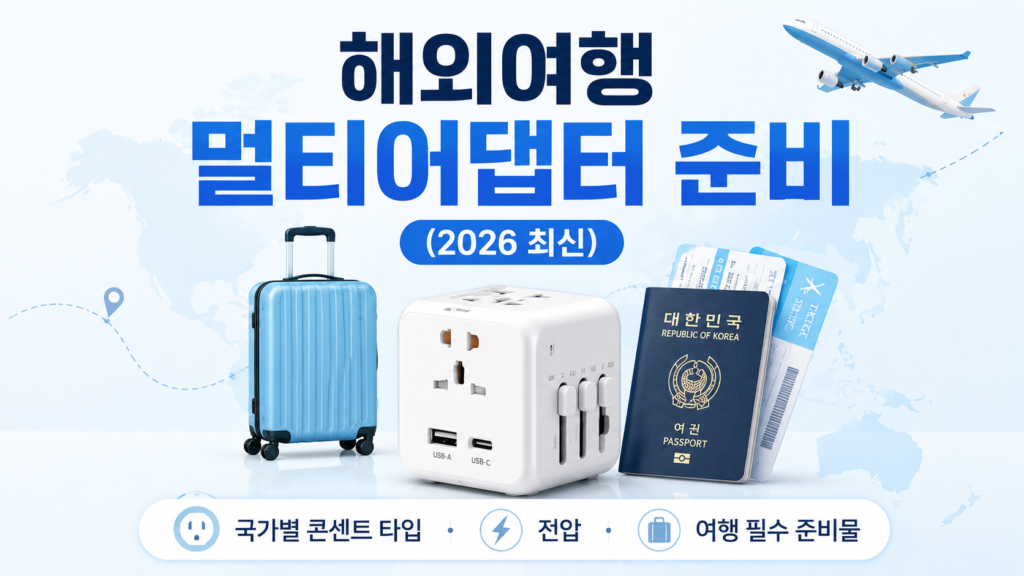 2026년 최신 해외여행 멀티어댑터 준비 가이드와 국가별 콘센트 타입을 안내하는 대표 이미지