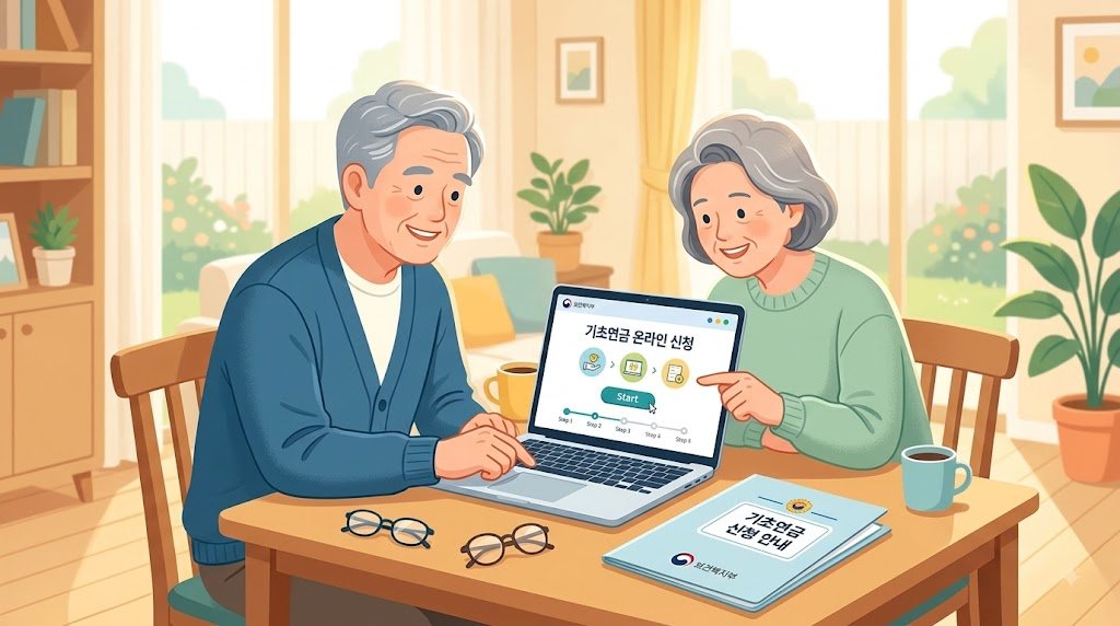 노트북을 이용해 2026년 기초연금을 온라인(복지로)으로 신청하는 어르신의 모습을 나타낸 이미지