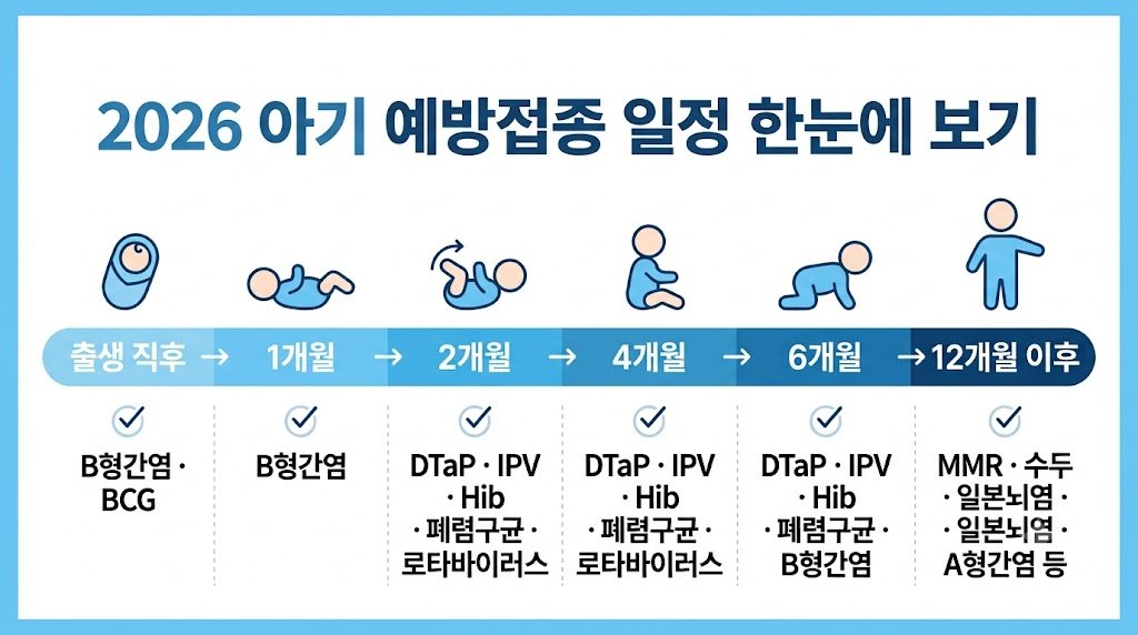 2026 아기 예방접종 월령별 일정표와 주요 예방접종 종류를 보여주는 인포그래픽