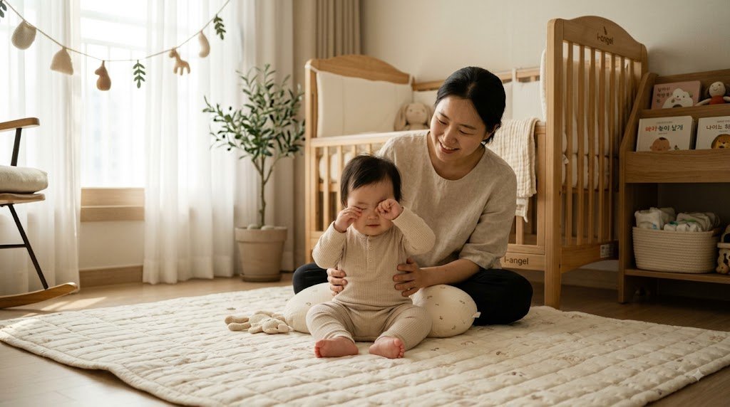 7개월 아기가 눈을 비비며 졸림 신호를 보이는 모습