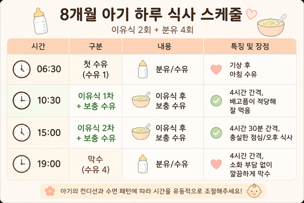 8개월 아기 이유식 2회와 분유를 함께 먹는 하루 식사 스케줄