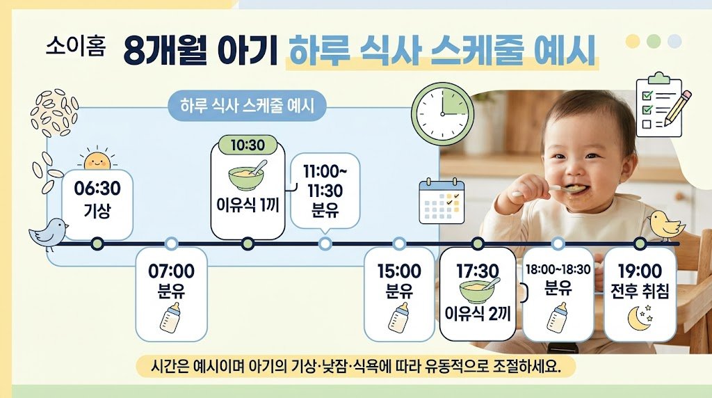 8개월 아기 이유식 2끼와 분유 하루 식사 스케줄 예시