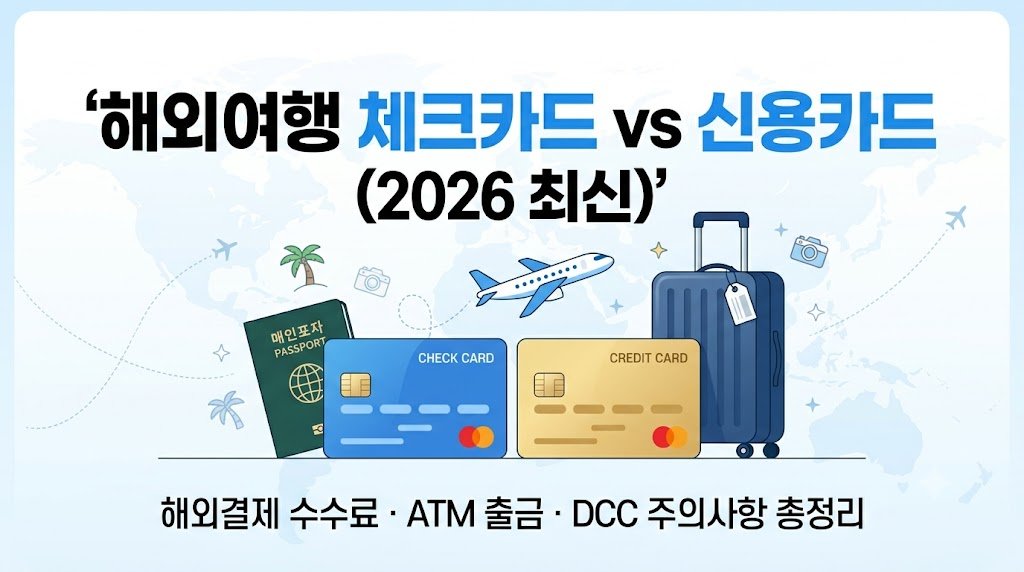2026년 최신 해외여행 체크카드와 신용카드 차이 및 해외결제 정보를 안내하는 대표 이미지