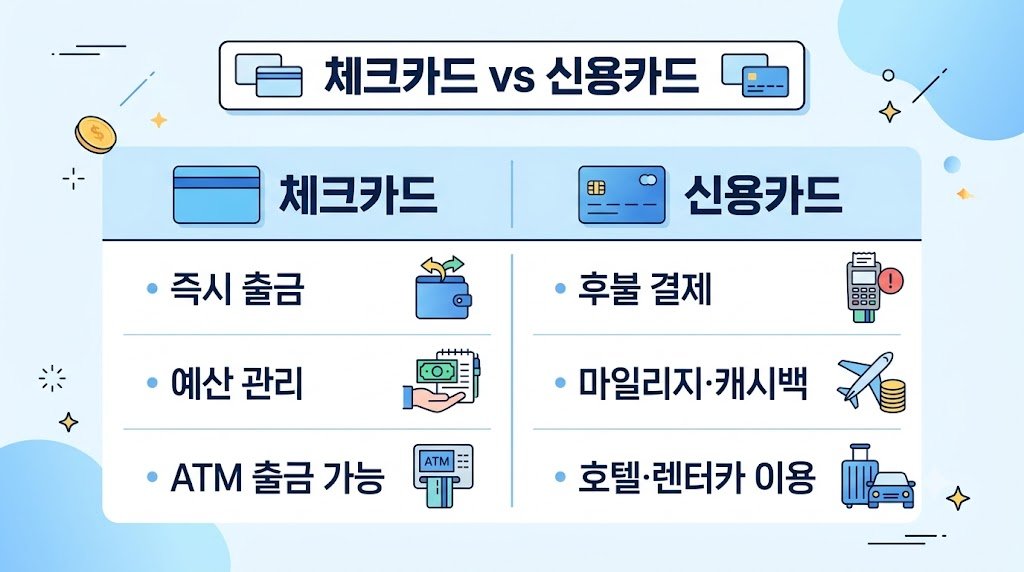 해외여행 체크카드와 신용카드 차이를 설명하는 표 이미지