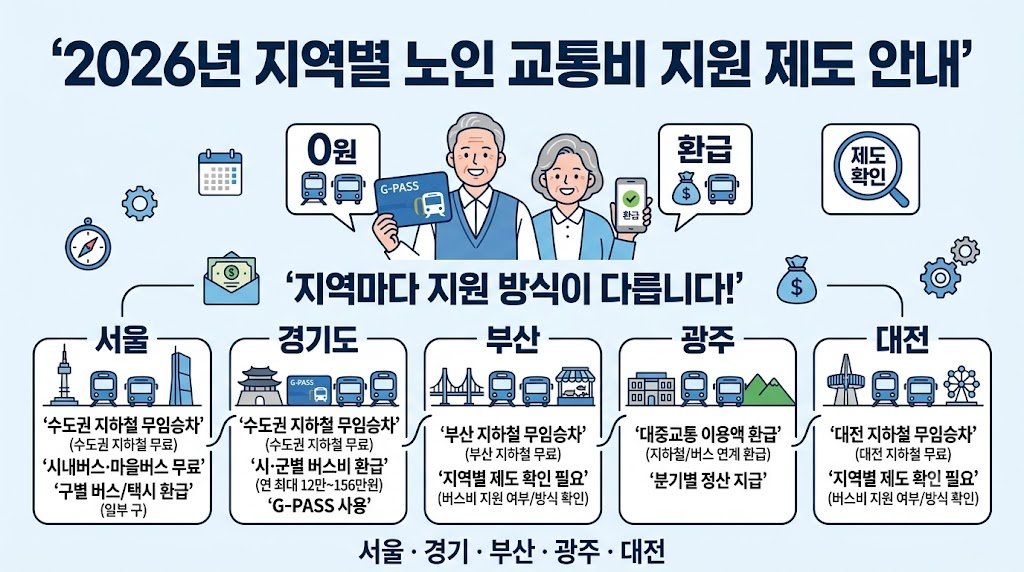 2026년 서울·경기·부산·광주·대전 지역별 노인 교통비 지원 안내
